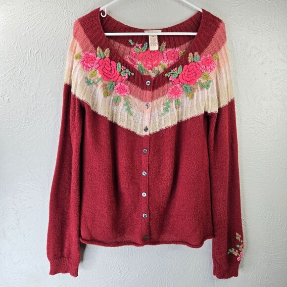 Sundace Floral Embroidered Cardigan M Burgundy Mohair Wool Boho Artsy Sweater - Picture 1 of 11